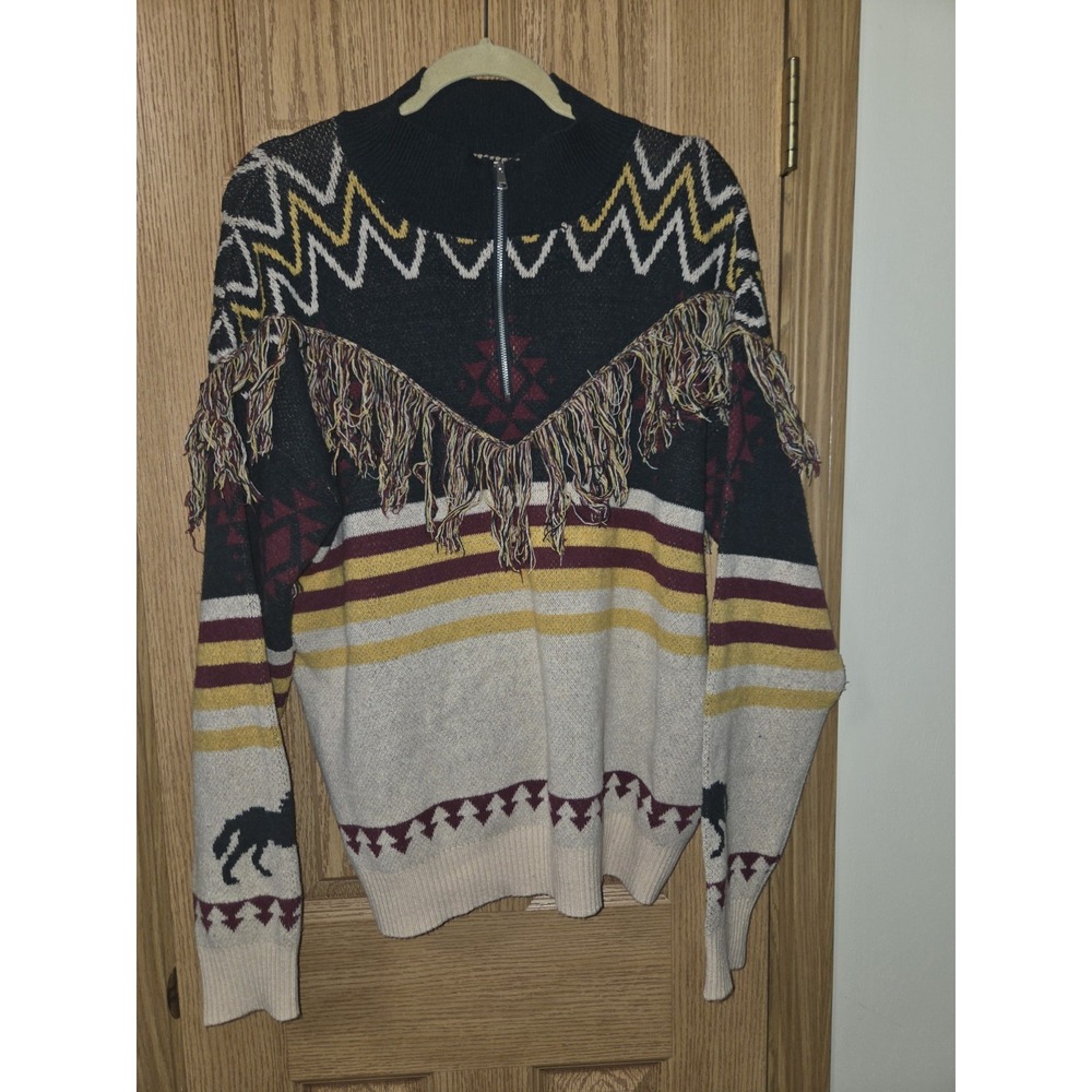 Buckle Sterling & Stitch Fringed Southwestern Stripe Pullover Sweater Size L